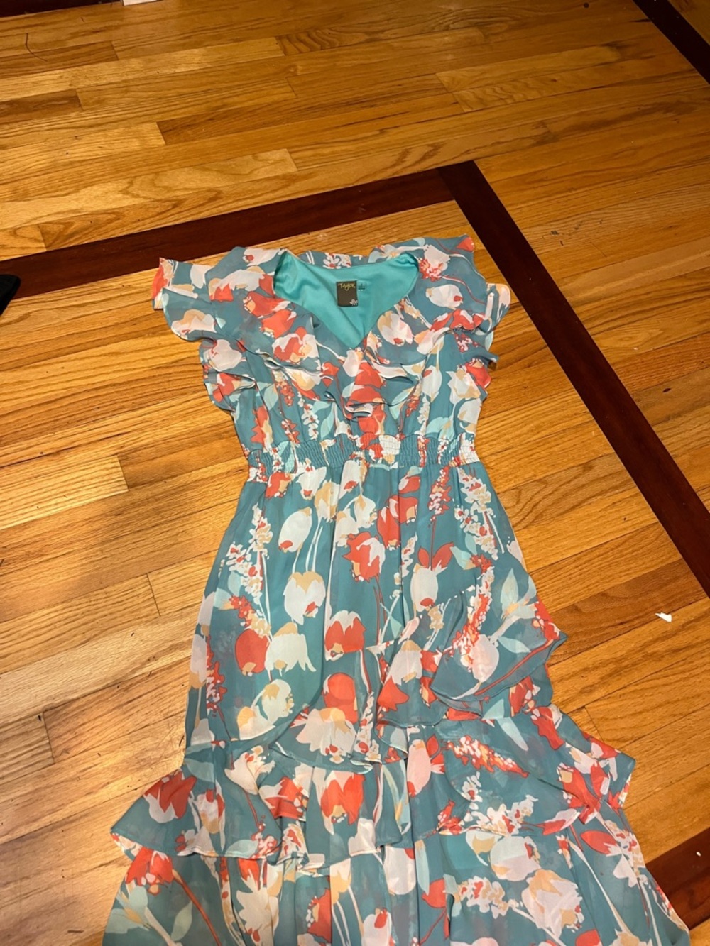 Taylor Teal Floral Asymmetrical Ruffle Dress th
